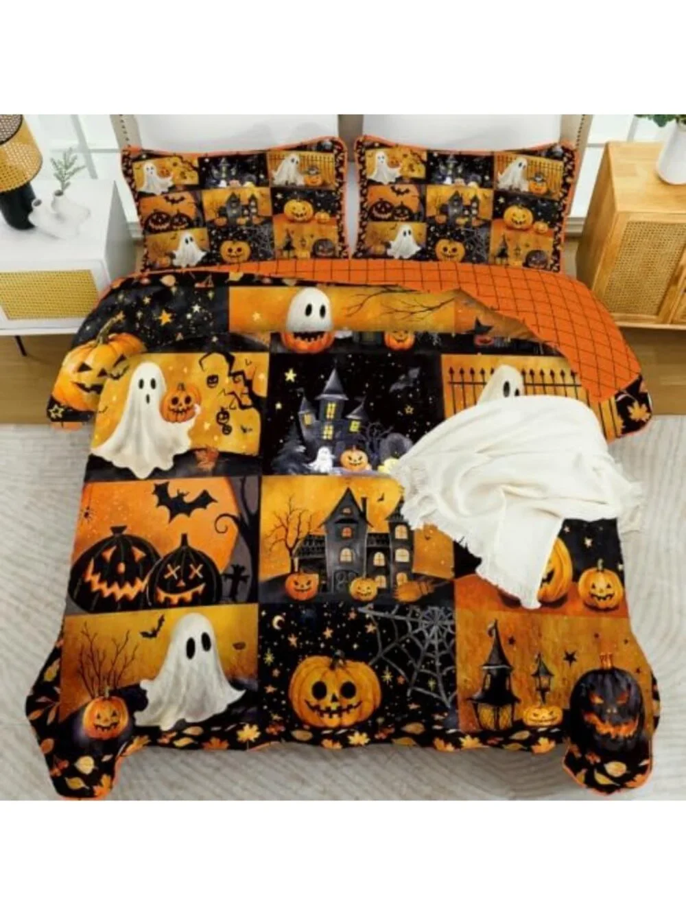 King Size Halloween Quilt Set - Patchwork Black & Orange Bedspread Coverlet